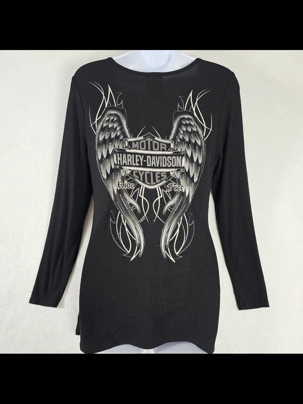Harley Davidson Womens Small Long Sleeve Shirt Black Wing Bling Graphic Scoop